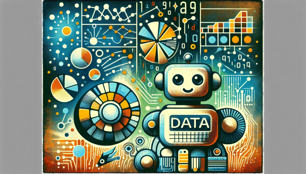 A vibrant and whimsical illustration featuring a friendly robot labeled ‘DATA’ at the center, surrounded by colorful abstract symbols and charts that evoke the theme of data analysis and artificial intelligence. Generated By AI